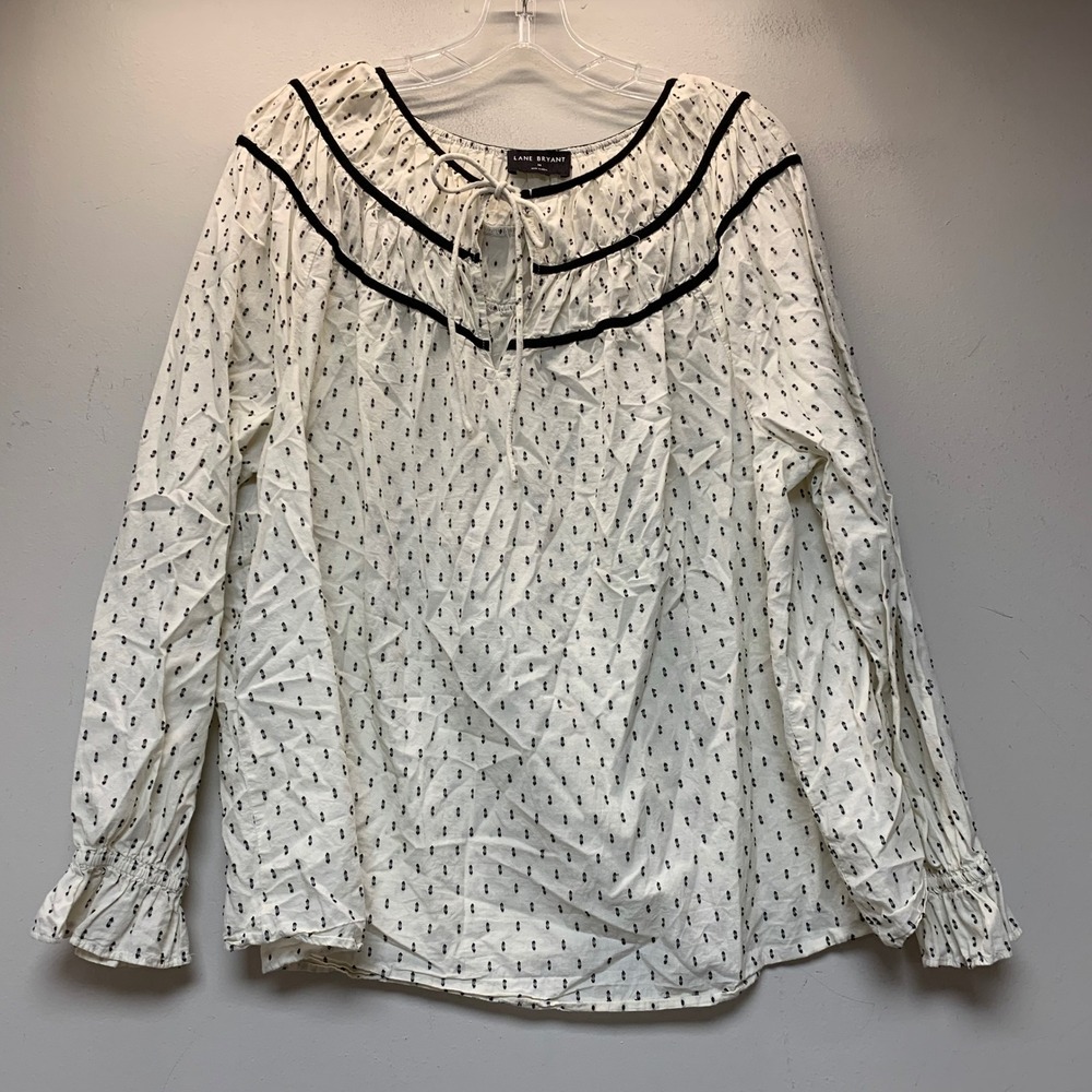 Lane Bryant Peasant Top Womens 14 White Black Clip Dot Excellent Tie Neck Blouse